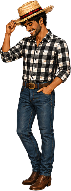 Camisa xadrez, jeans e chapéu de palha